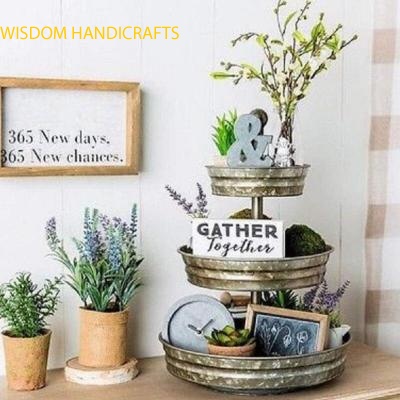 3 Tier Round Galvanized Metal Serving Tray Stand Storage Organizer