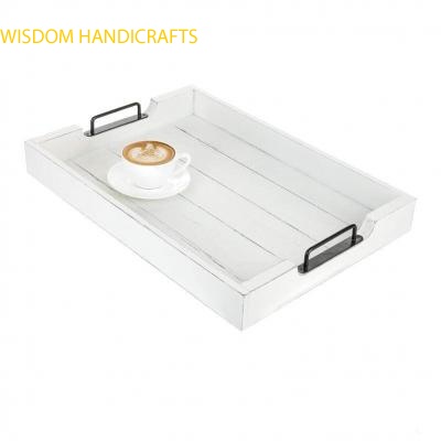 Vintage White Wood 20-Inch Serving Tray with Black Metal Handles